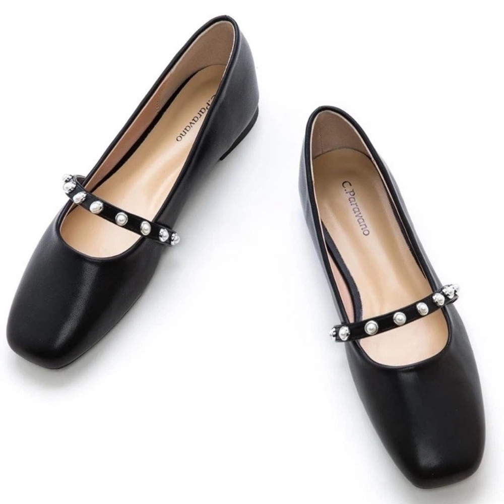Chic Black Flats with Pearl Strap size 8 us eu 38.5